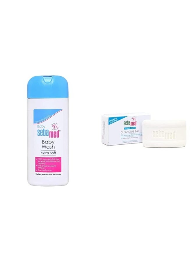 Sebamed Baby Wash Extra Soft, 200ml & SebaMed Clear Face Cleansing Bar, 100g - Image 1